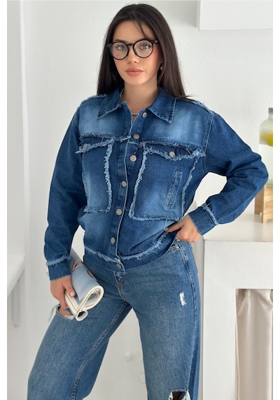 Femelle Kadın Mavi Saçaklı Dikiş Detaylı Oversize Denim Kot Ceket