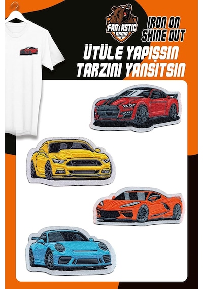 Ütü Ile Yapışan Dokuma Arma Seti Patch Yama Renkli Arabalar Modeli 4 Adet Cok Renkli