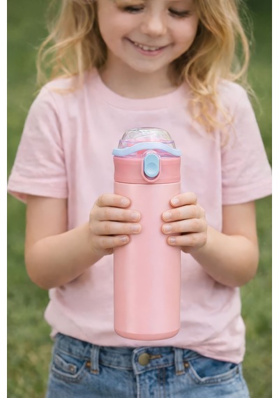 304 Çelik Pembe 500 Ml Kulplu Pipetli Çocuk Matara Suluk Mt241pm Pembe