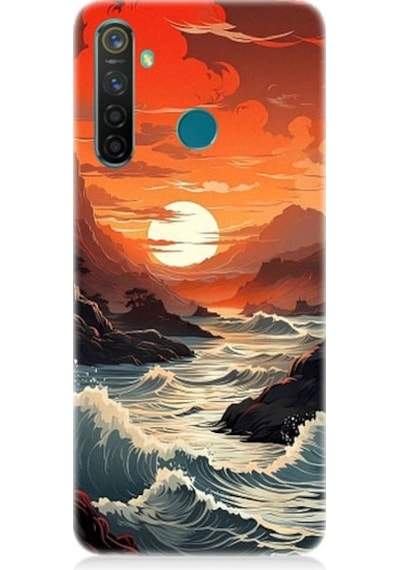 Realme 5 Pro Uyumlu Deniz Dağ Ve Gün Batımı Desenli Silikon Kılıf