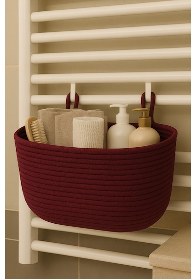 Mavaux Dekoratif Askılı Banyo Sepeti 18 40 16 Cm Saklama Ve Düzenleyici Hasır Jüt Sepet Organizer El İşi Mürdüm