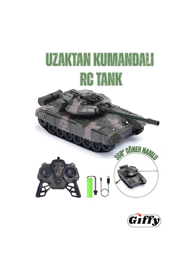 Oyuncak Şarjlı Uzaktan Kumandalı Rc Tank 33 Cm 360 Döner Gövde Işıklı Sesli Atış Efektli Yeşil