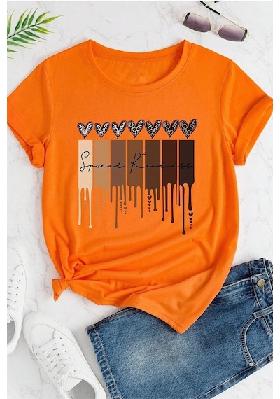 Uyguntarz Unisex Leopar Kalp Baskılı Oversize T-shirt Turuncu