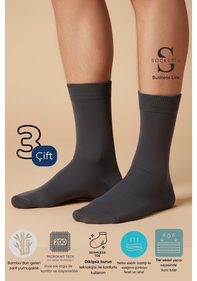 Socketta 3'lü Füme Erkek Business Bambu Dikişsiz Takviyeli İnce Yazlık Soket Çorap - Premium Gri Socketta 3'lü Füme Erkek Business Bambu Dikişsiz Takviyeli İnce Yazlık Soket Çorap - Premium Gri