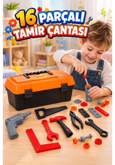 Çantalı Matkap Ve El Aletleri 16 Parçalı Eğitici Öğretici Tamir Çantası Oyuncak Seti