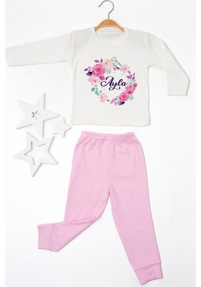 Pia Baby İsimli Kız Çocuk Pijama Takımı %100 Pamuk Penye İsme Özel Baskılı Kişiselleştirilebilir Pijama Seti 20203p14pi Krem