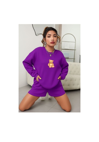 Benroma Ayıcık Baskılı Unisex Sweatshırt Mor