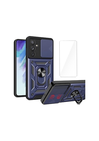 Teleplus Samsung Galaxy Uyumlu  A27 Kılıf Standlı Kamera Korumalı Slide Sürgülü Cover Kapak + Nano Ekran Koruycu Lacivert
