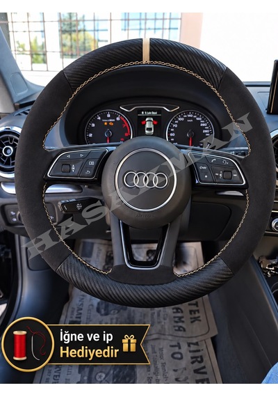 Audi A3 8v Dikme Direksiyon Kılıfı Alcantara Süet Mat Karbon Bej Yüzük Ve Dikiş 2016-2020 Siyah