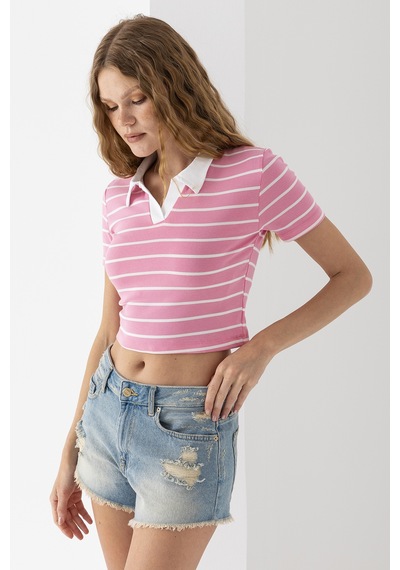 Giysa Kadın Polo Yaka Çizgili Pamuklu T-shirt Pembe Beyaz - 25795 Pembe - Beyaz Giysa Kadın Polo Yaka Çizgili Pamuklu T-shirt Pembe Beyaz - 25795 Pembe - Beyaz