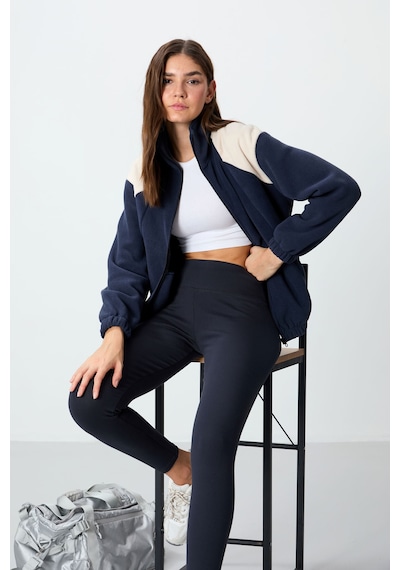 Tommy Life Lacivert Kalın Yumuşak Dokulu Dik Yaka Oversize Nakışlı Polar Kadın Sweatshirt - 97293 Lacivert