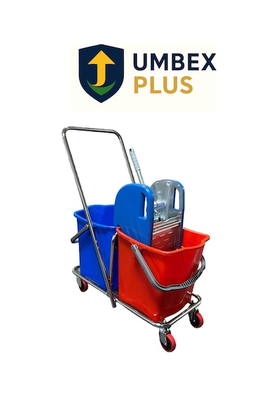 Umbex Çift Kovalı Paspas Arabası Krom Çelik Presli Temizlik Arabası Temizlik Seti Islak Mop Setli