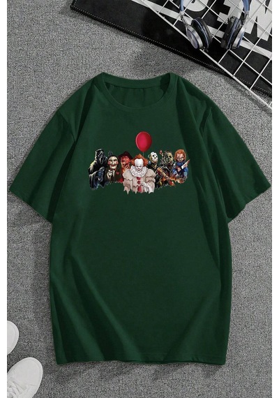 Uyguntarz Korku Karakterleri Baskılı Unisex Oversize Tshirt Yeşil