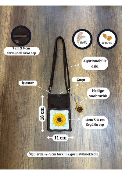 Aksesuarsepeti El Yapımı Cepli, Ayarlanabilir Askılı, Telefon Çantası Acıkahverengi