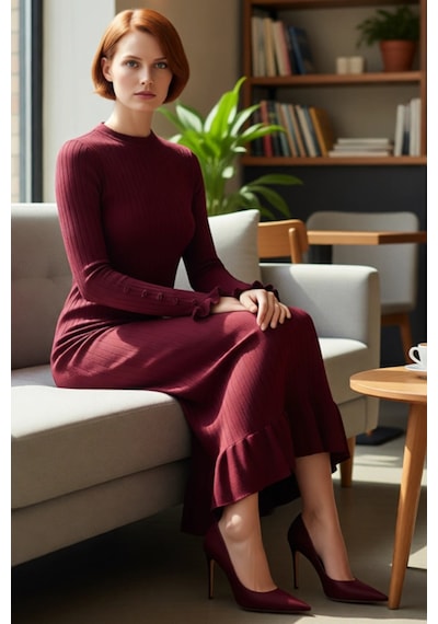 Ersefa Kadın Bodycon Kesim Akrilik Ribana Triko Maxi Elbise İncili Detay Bordo