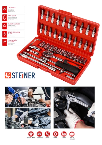Steiner 46 Parça 1/4 Cırcırlı Anahtar Takımı Bits Uç Lokma Set