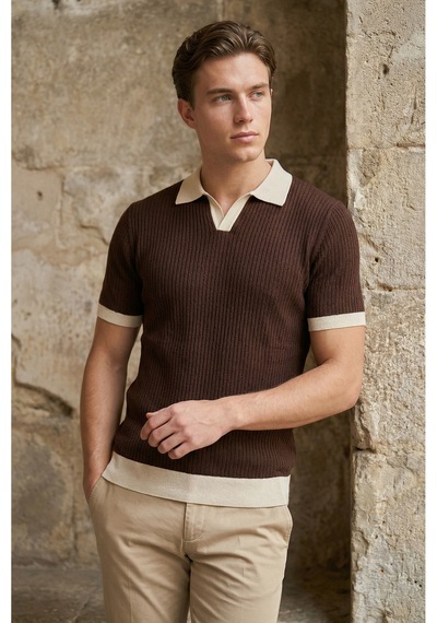 Sayzen Your Shine Sayzen Polo Yaka Çizgili T-shirt Mansum2601 Kahverengi