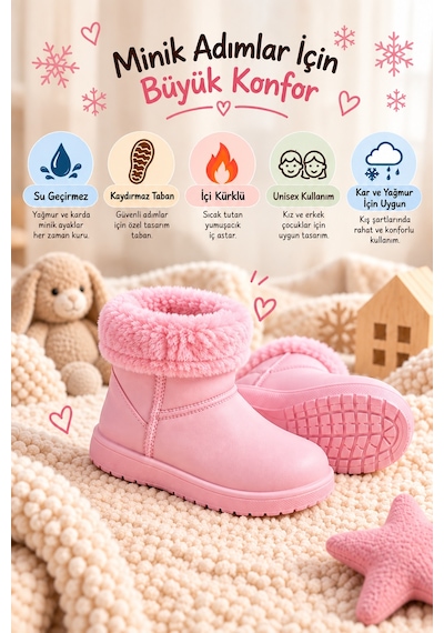Altın Pabuç Çocuk Kürklü Bot Su Geçirmez Kaymaz Taban Erkek Kız Unisex İçi Kürklü Çocuk Yağmur Çizmesi Kar Botu Pembe