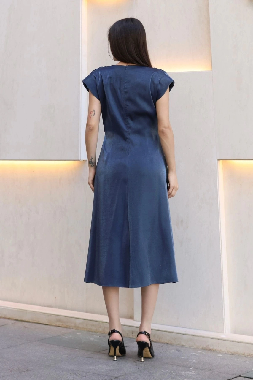Lodmela Toka Ve Drape Detaylı Soft Saten Midi Elbise 6042-lacivert Lacivert