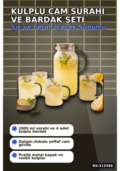 Kulplu 1800 Ml Cam Sürahi Ve 350 Ml 4 Bardak Seti - 5 Parça Şeffaf Bx-313586