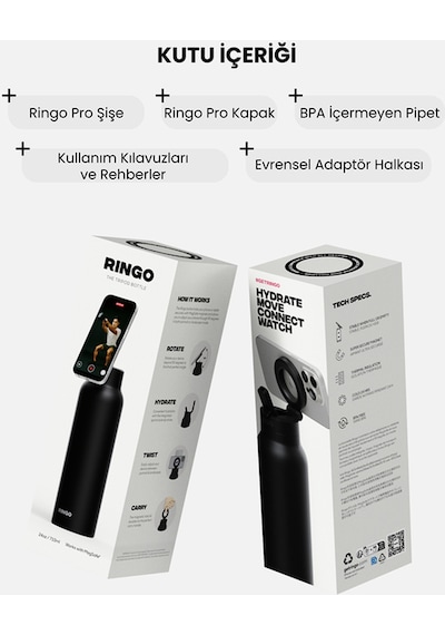 Ringo Pro Pipetli, Telefon Tutuculu Termal Çelik Termos 950 Ml Siyah