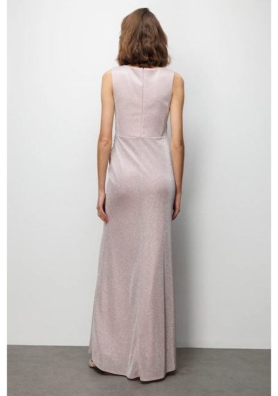 Ekol Kadın Büzgü Detaylı Yırtmaçlı Simli Abiye Elbise 6082 Pudra Pudra