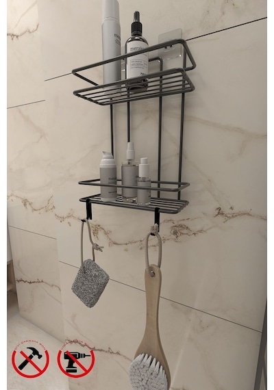 Alper Banyo Siyah 3 Raflı Düz Banyo Şampuanlığı, Yapışkanlı