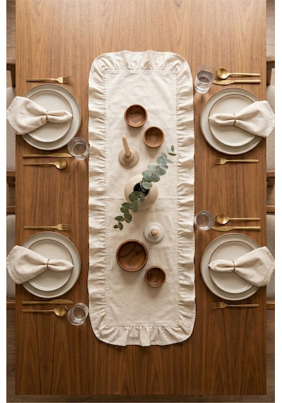 Ham Naturel Fırfırlı Keten Runner - 40x110 Cm Beyaz