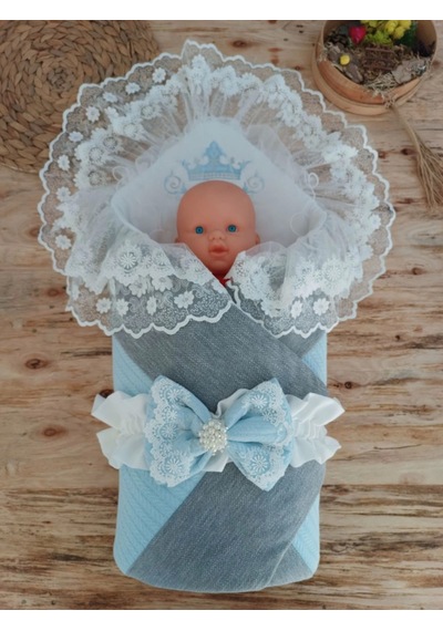Yenidoğan Teri Cotton Taç Nakışlı Prizma Taş Kundak Bebek Battaniyesi Mavi