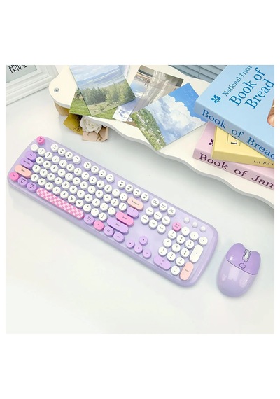 Geezer Zero Kablosuz Klavye Mouse Seti 2.4g Retro Daktilo Yuvarlak Tuşlu 104 Tuş Renkli Set Optik