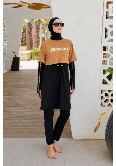 Remsa Mayo Spor Likra Logo Detay Tam Kapalı Tesettür Mayo R140 Camel