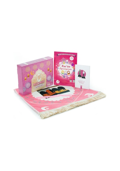 Kızımın İbadet Seti Kabe Desenli Kız Çocuk Seccade, Elifba Ve Namaza İlk Adım Seti Pembe