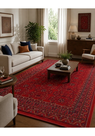 Miras Nostaljik Bordo Desenli Halı - Otantik Görünümlü Dekoratif Salon Ve Antre Halısı Kırmızı