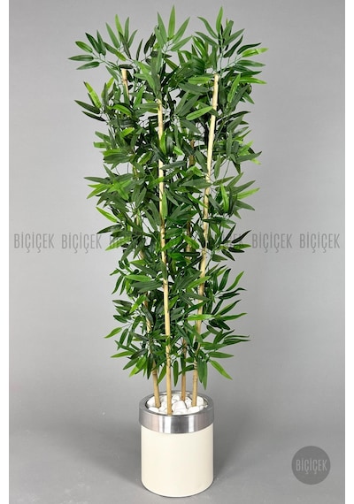 Yapay Bambu Ağacı 140cm Krem Gümüş Metal Saksıda Krem-silver