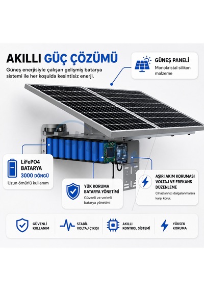 Uninet 4g Sim Kartlı Solar Çift Güneş Panelli 80 Watt 36x Optik Zoomlu Çift Kameralı Güvenlik Kamerası Router Özellikli