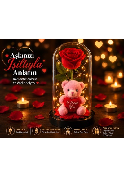 Led Işıklı Fanusta Yapay Gül Ve Lüks Peluş Ayıcık Dekoratif Romantik Sevgililer Günü Hediyesi 20 Cm Hediyelik Eşya