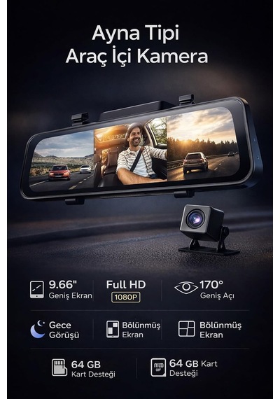 4k 9.66" Dokunmatik Aynalı Araç Kamerası Tam Ekran Gece Görüş, Çift Kamera, Apple &android Uyumlu