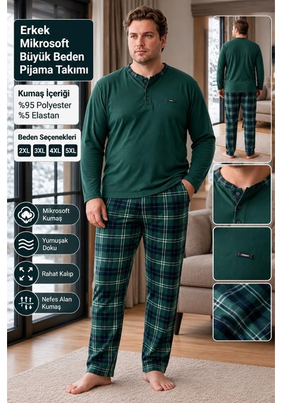 Pijamoni Pjm Erkek Battal Beden Mikrosoft Düğmeli Yaka Kışlık Pijama Takımı 6415/5 - 1 Adet Yeşil Pijamoni Pjm Erkek Battal Beden Mikrosoft Düğmeli Yaka Kışlık Pijama Takımı 6415/5 - 1 Adet Yeşil