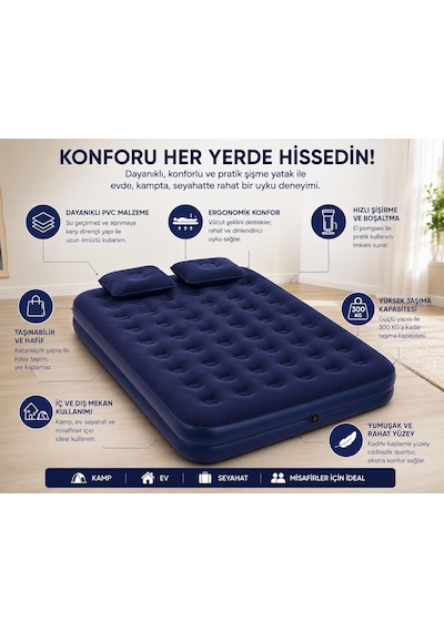 Taşınabilir Çift Kişilik Şişme Yatak + Pompa 203x152x22 Cm Kamp & Misafir Kullanımı Lacivert