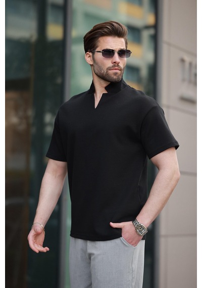 Madmext Siyah Polo Yaka Erkek Basic T-shirt E7145 Siyah