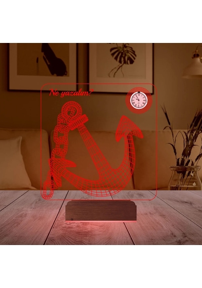 Luvivia Denizci Çapa Kaptan Kişiye Özel Metal Saatli 3d Lamba - Masa Gece Lambası Şeffaf