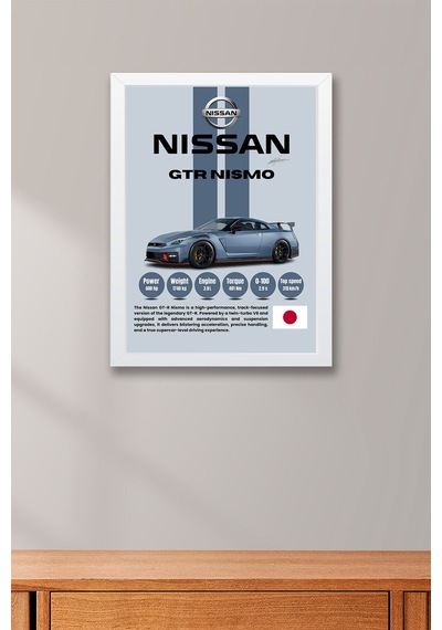Nissan Gt-r Nismo Premium Spor Araba Çerçeveli Tablo - Teknik Özellikli Jdm Duvar Dekoru Beyaz