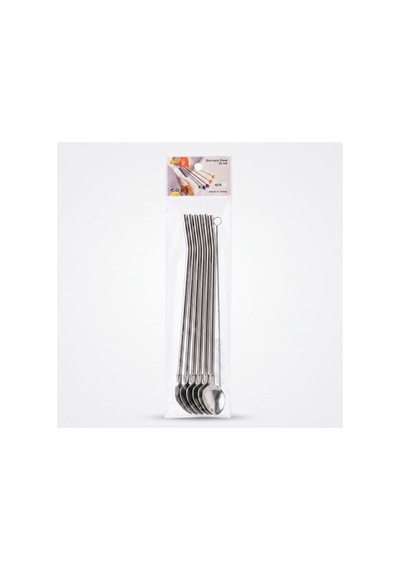 6 Lı Kaşıklı Pipet Seti - Metal - Pipet Temizleme Fırçası Çok Renkli