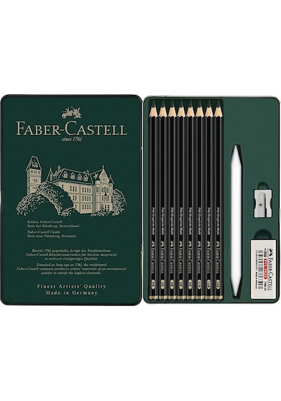 Faber-Castell Pitt Matt Dereceli Kalem Seti,11 Parça,Ultra Mat Siyah Ton,14B Kalem,Geçiş Kalemi,Kalemtıraş,Silgi