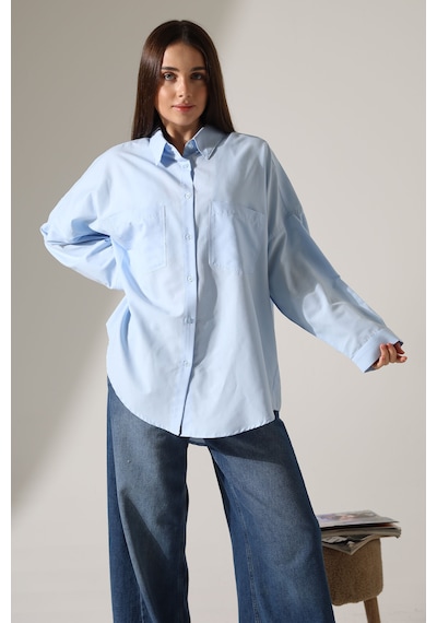 Yeni Sezon Poplin Kumaş Çift Cepli Oversize Pamuklu Kadın Tunik Gömlek Mavi