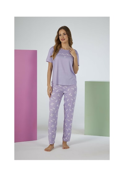 Estiva Kadın Yaprak Alt Desenli Kısa Kollu Soft Pijama Takımı LİLA