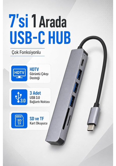Type-c 7'si 1 Arada Usb-c Hub, Hdmı Hdtv , 3 Usb 3.0, Sd Ve Tf Kart Okuyucu, Pd Güç Girişi, Windows 10, Mac Os, Chrome Os Ve Linux Uyumlu Çok Fonksiyonlu Adaptör 1988