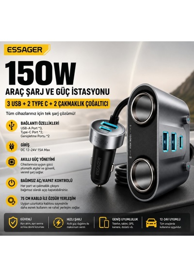 Essager 150w Araç Çakmaklık Çoklayıcı 2 Çakmaklık + 3 Usb-a + 2 Type-c 30w Hızlı Şarj 12v-24v Uyumlu