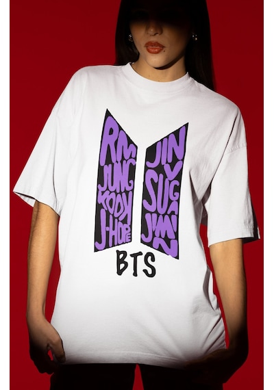 Sevbano Tasarım Bts Müzik Grubu Baskılı Unisex Oversize Tişört Beyaz