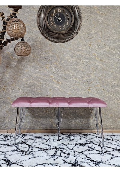Zafir Metal Krom Tel Ayaklı 100 Cm Puf Bench - Puf - Bench - Oturak - Mutfak Oturağı - Antre Oturağı Pembe